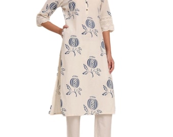 Plus Size Off White Floral Cotton A-Line Kurta, Indian Block Print Tunic