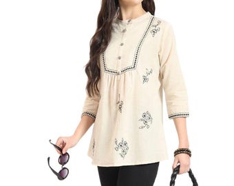 White Embroidered Cotton Top, Plus Size Women’s Casual Blouse, Regular Sleeve Elegant Summer Wear