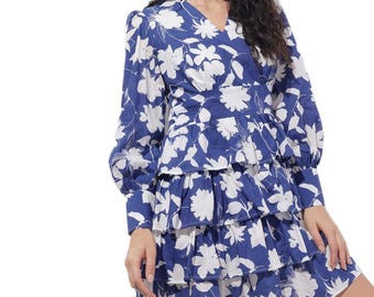Blue Floral Cotton Midi Dress, Boho Summer Vacation Fit and Flare