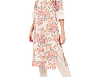 Plus Size Pink Floral Cotton Kurta, Women's Loose Fit Summer Tunic