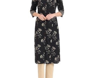 Plus Size Black Floral Cotton A-Line Kurta, Loose Fit Summer Tunic
