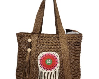 Crochet Woven Tote Bag, Boho Summer Beach Handbag, Large Women's (17.5x15 Inch)