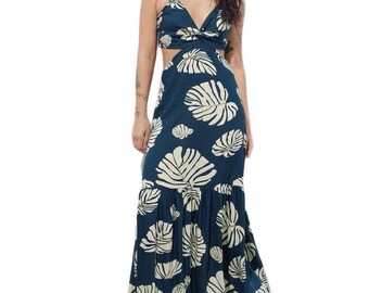 Blue Tropical Leaf Print Maxi Dress, Sleeveless Boho Resort Wear, Cutout Waist Summer Outfit