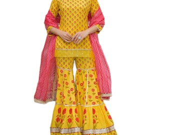 Yellow Muslin Kurti Sharara Set with Dupatta – Festive Indian Ethnic Wear