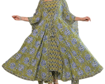 Green Hand Block Cotton Anarkali Kurta Pant With Dupatta & Jacket, Women's Cotton Kurta Set, Hand Block Print Suit,