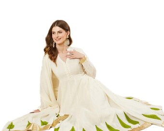 Off White Cotton Anarkali Kurta Set, Green Handblock Floral Print, Women's Ethnic Suit