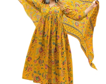 Mustard Floral Print Cotton Anarkali Kurta Pant Set With Dupatta for Women | Indian Ethnic Wear | Handcrafted Cotton Kurta Set