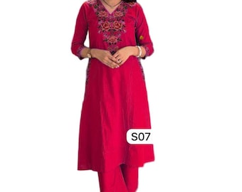 Pink Cotton Kurta Pant Set, Floral Neckline Embroidery, Indian Ethnic Wear