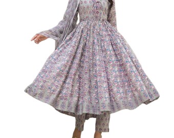 Floral Printed Cotton Anarkali Kurta Set: Plus & Regular Size Indian Dress
