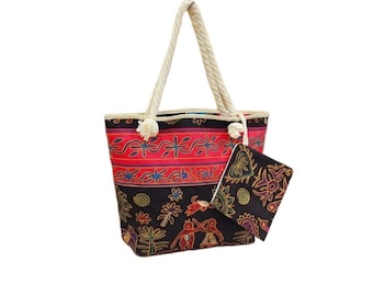 Tribal Print Jute Tote Bag, Warli Art Inspired Shoulder Bag, Boho Ethnic Shopping Handbag