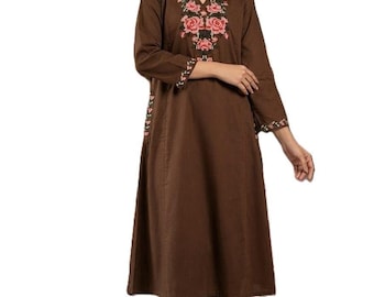 Brown Cotton Kurta Pant Set for Women, Floral Embroidered Neckline Kurti, Elegant Indian Ethnic Outfit, Comfortable Traditional Wear