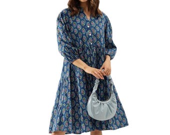 Vestido de algodón azul con estampado paisley, corte en A, manga abullonada, estilo bohemio, tallas grandes.