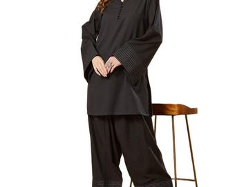 Black Cotton Farshi Salwar Set | Traditional Indian Ethnic Wear, Thread Work