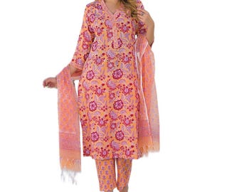 Orange Floral Hand Block Cotton Kurta Set with Dupatta | Women's Ethnic Summer Wear
