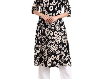 Plus Size Black Asymmetric Print Rayon Kurta, Loose Fit Tunic Dress
