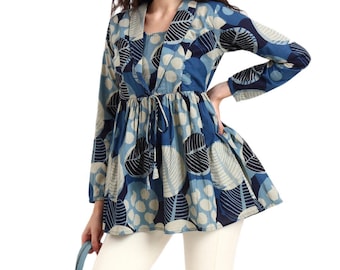 Blue Floral Cotton Top Women Summer Casual Lightweight Everyday Blouse