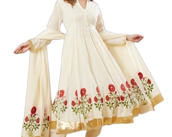 White Cotton Hand Block Print Anarkali Kurta Set with Dupatta, Floral Ethnic Outfit