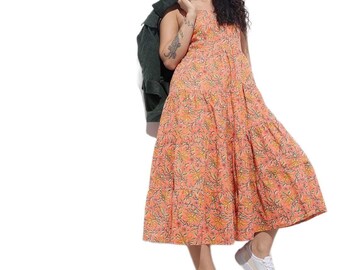 Orange Floral Cotton Midi Dress, Sleeveless Fit & Flare Summer Vacation Outfit
