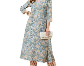 Sky Blue Cotton A-Line Kurta Pant Set | Floral Print Casual Ethnic Wear