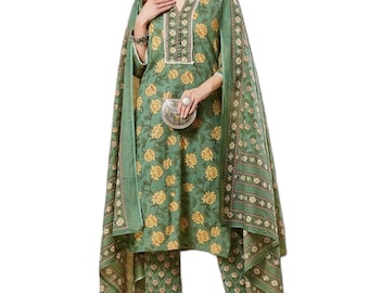 Green Cotton Hand Block Print Kurta Pant Set with Dupatta, Festive Indian Ethnic Outfit