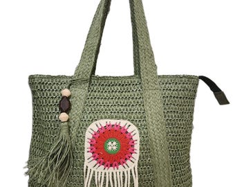 Green Crochet Woven Shoulder Bag, Boho Summer Beach Tote, Stylish Women's Handbag
