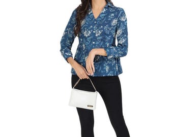 Indigo Blue Cotton Button Down Top, Women's Casual Shirt Tunic