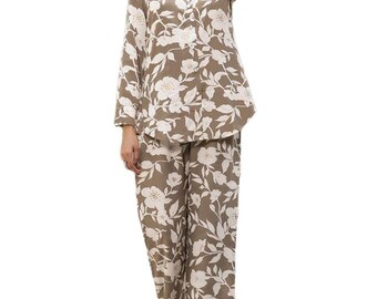 Brown Floral Rayon Co-ord Set, Women's Casual Summer Lounge Outfit