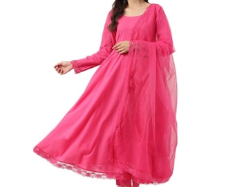 Pink Silk Blend Anarkali Kurta Set with Dupatta, Bandhani Print, Sequinned Detail