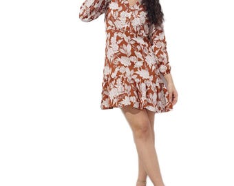Orange Floral Cotton Mini Dress, Mandarin Collar Boho Style, Casual Summer Vacation Outfit