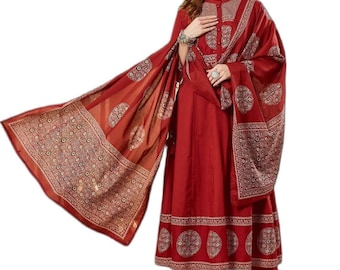 Red Floral Print Cotton Anarkali Kurta Set with Dupatta, Festive Ethnic Outfit
