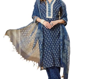 Blue Floral Hand Block Print Kota Doria Kurta Pant Set with Dupatta