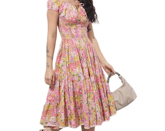 Pink Floral Cotton Midi Dress, Smocked Fit Flare, Boho Cottagecore Summer Outfit