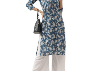 Paisley Print Cotton Kurta - Mandarin Collar Indigo Blue Plus Size