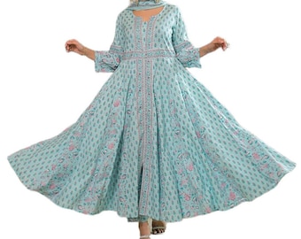 Plus Size Cotton Anarkali Kurta Set: Printed Thread Work Indian Dress