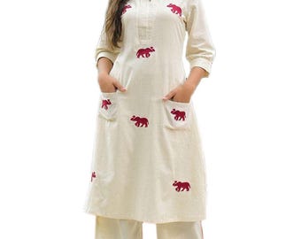 Conjunto de kurta y pantalón de algodón blanco roto con bordados, conjunto de kurta de algodón para mujer, conjunto de kurti bordado, ropa étnica india, atuendo festivo,