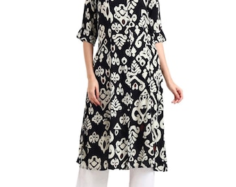 Plus Size Black Asymmetric Print Rayon Kurta, Loose Fit Tunic Dress