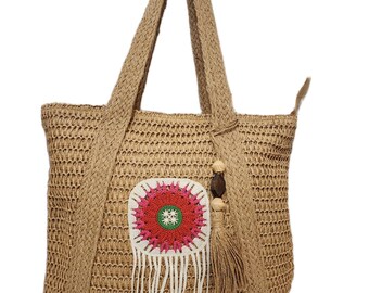 Crochet Woven Shoulder Bag, Boho Floral Tote, Summer Beach Handbag