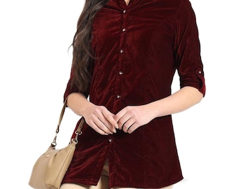 Kastanienbraun Samt Gerades Oberteil für Frauen Solid Print Elegante Party Bluse Winter Mode Tunika