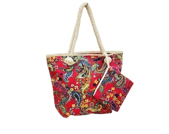 Red Paisley Jute Tote, Ethnic Boho Shoulder Bag, Large Reusable Beach Container