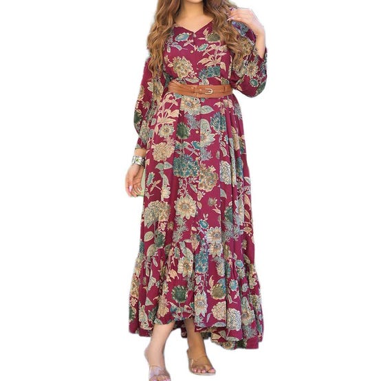 grey suit with burgundy dress Plus Size Long Sleeve Floral Casual Maxi Dress 4XL
