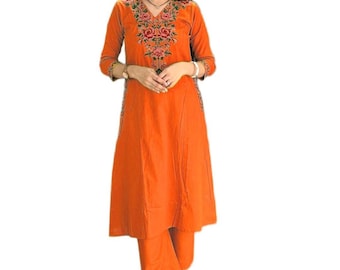 Orange Cotton Kurta Pant Set, Floral Neckline Embroidery, Indian Ethnic Wear