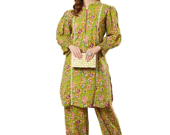 Green Floral Cotton Kurta Harem Pant Set | Boho Indian Ethnic Summer Outfit