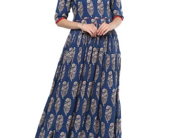 Plus Size Cotton Anarkali Kurta: Ethnic Print Flared Dress
