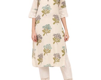 Plus Size Green Floral Cotton Kurta, Women's Loose Fit Summer Tunic