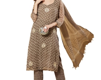 Brown Kota Doria Hand Block Print Kurta Set Dupatta | Round Neck Cotton Suit