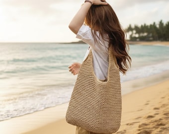 Geweven strodraagtas met ritssluiting: strand- of marktschoudertas voor dames