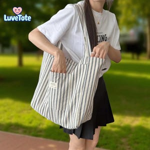 Striped Canvas Tote Bag: Large Soft Shoulder Bag for Beach & Travel