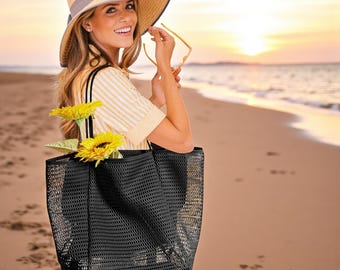 Mesh Tote Bag | Large Mesh Beach Tote | Lightweight Summer Market Bag | Casual Polyester Shoulder Tote | Travel & Holiday Gift