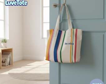 Canvas Striped Tote Bag for Women | Zippered Handmade Handbag with Pockets, Easter Gift Canvas Tote