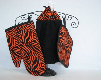 Ensemble maniques, gants de cuisine et serviettes - Imprimé zèbre - coton - orange